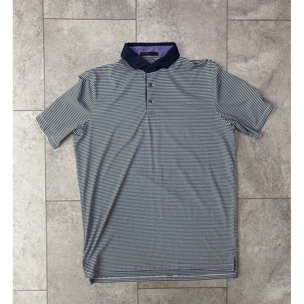 Greyson Men's Medium Navy Striped Polo Ojai Valley Inn Golf Shirt Preppy Resort